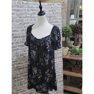 TRIXX Clothing Company Babydoll Tunic Dress,black, Blue Floral Print Womens XL